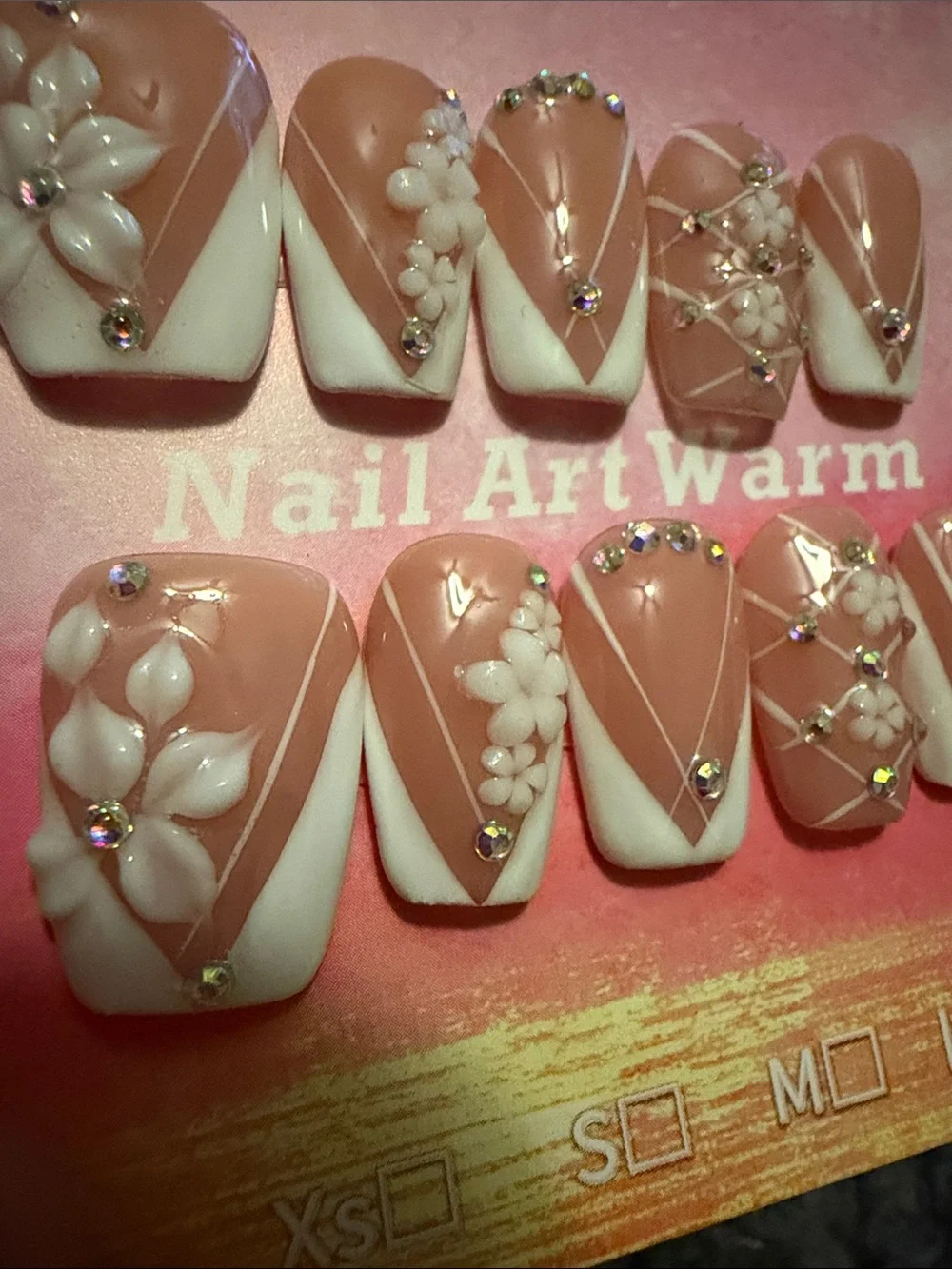 White French  Pink Floral handmade acrylic Nail Set with White Accents